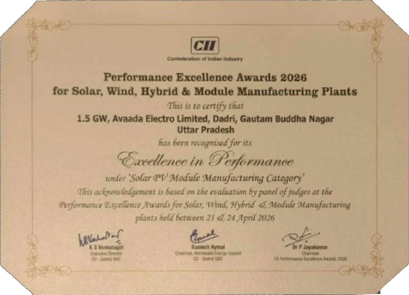 CII Performance Excellence Awards 2026 certificate for Avaada Electro, Solar PV Module Manufacturing Category