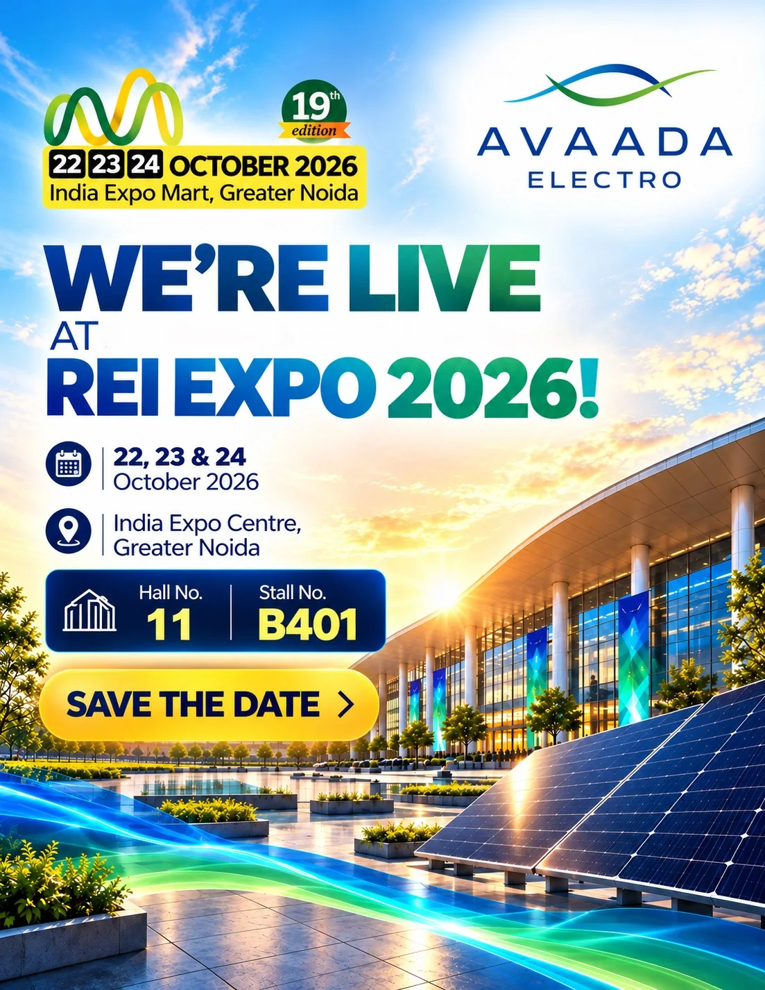 We're live at REI Expo 2026: Avaada Electro at India Expo Centre, Greater Noida, 22–24 October 2026, Hall 11, Stall B401.