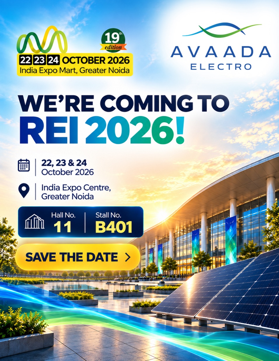 Avaada Electro at REI 2026 – 22, 23 & 24 October 2026, India Expo Centre, Greater Noida. Hall 11, Stall B401.